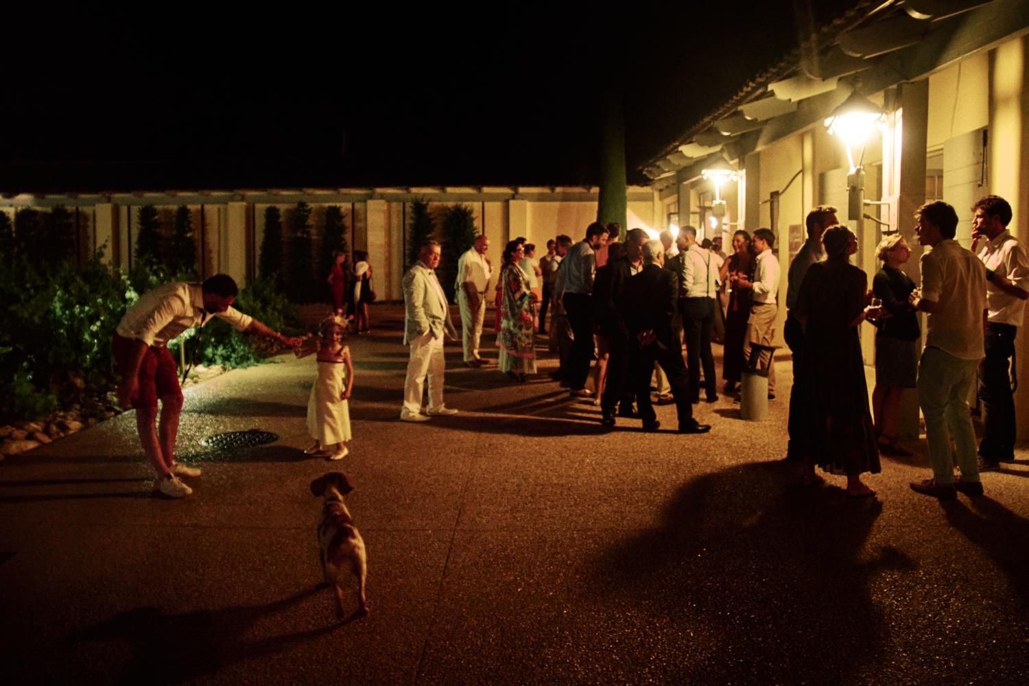 Late-night outdoor scene at Chateau Val Joanis with guests and a dog
